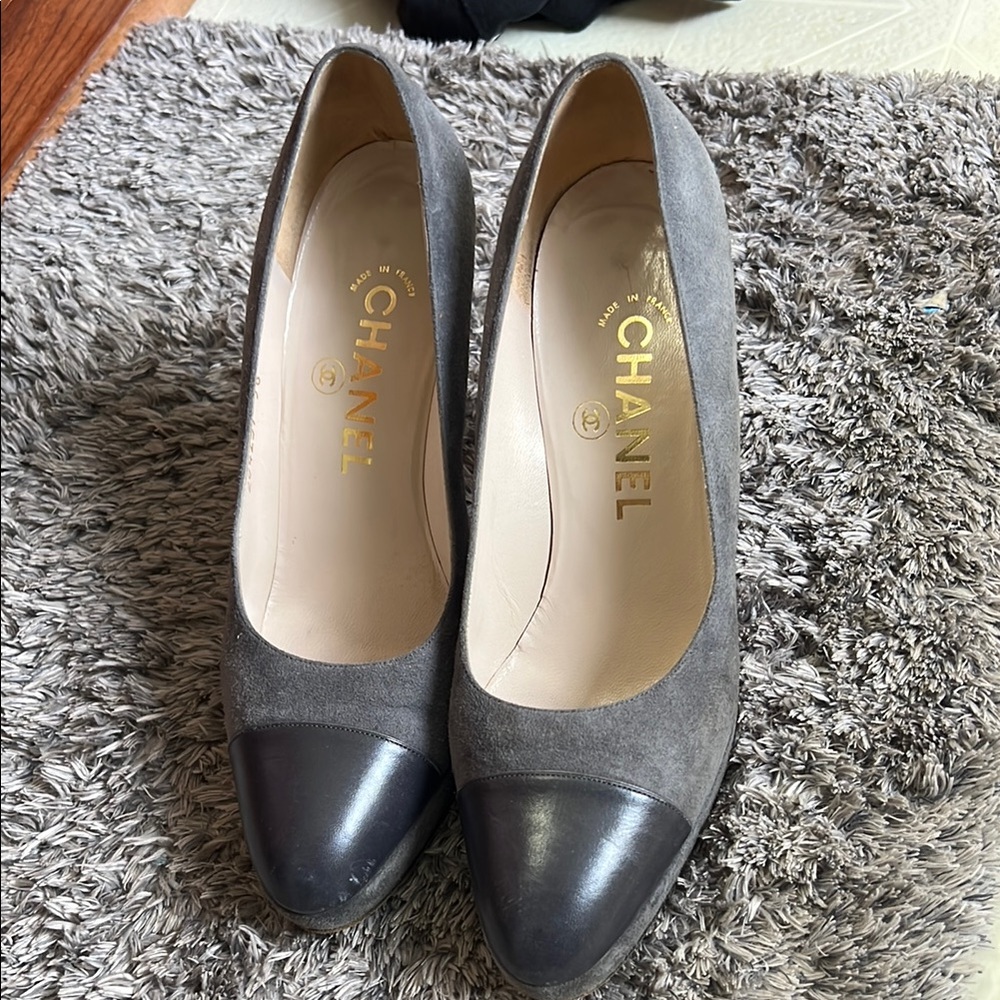 Chanel Gray Leather Women's Shoes heels are 3”
